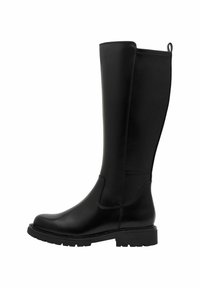 Bottes noires montantes en cuir lisse, avec un bout rond, une semelle épaisse à profil cranté et une boucle en haut pour un enfilage facile.