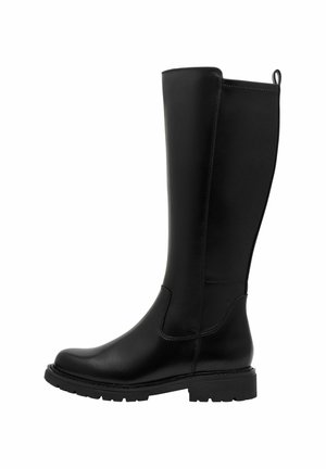 Bottes noires montantes en cuir lisse, avec un bout rond, une semelle épaisse à profil cranté et une boucle en haut pour un enfilage facile.