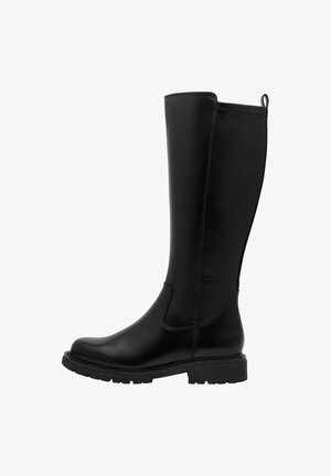 Bottes noires montantes en cuir lisse, avec un bout rond, une semelle épaisse à profil cranté et une boucle en haut pour un enfilage facile.