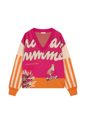 Kleurrijke gebreide trui met een v-hals, gedurfde grafische ontwerpen, bloemen- en vogelmotieven, in roze, oranje en crème kleuren en gestreepte mouwen.
