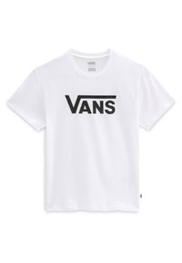Camiseta de algodón blanca con un prominente logo negro de "VANS". Diseño clásico de cuello redondo con mangas cortas y una etiqueta en el lado inferior.