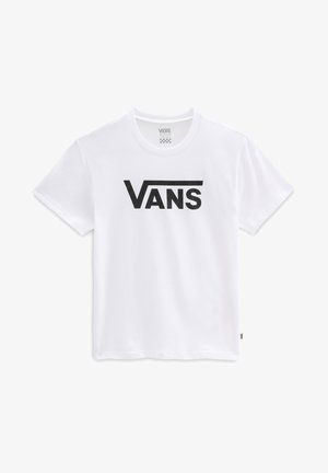 Camiseta de algodón blanca con un prominente logo negro de "VANS". Diseño clásico de cuello redondo con mangas cortas y una etiqueta en el lado inferior.