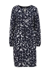 Robe bleu marine avec un motif abstrait blanc, manches longues, col rond et ceinture ajustable pour un fit réglable. Texture de tissu lisse.