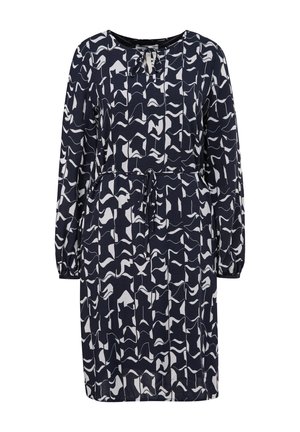 Marineblauwe jurk met wit abstract patroon, lange mouwen, ronde halslijn en een strikband in de taille voor een verstelbare pasvorm. Gladde stofstructuur.