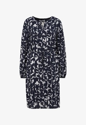 Marineblauwe jurk met wit abstract patroon, lange mouwen, ronde halslijn en een strikband in de taille voor een verstelbare pasvorm. Gladde stofstructuur.