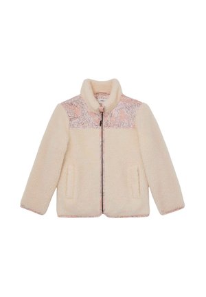 Kreminės spalvos pūkuota striukė su rausvu raštuotu skydeliu, priekyje su užtrauktuku ir dviem šoniniais kišenėmis. Pagaminta iš minkštos, tekstūruotos medžiagos.