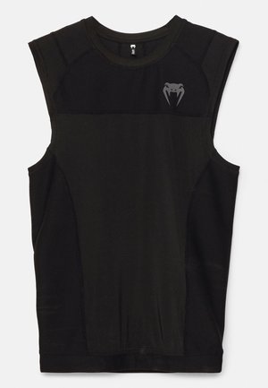 Black sleeveless athletic top with reinforcing seams, a round neckline, and a subtle logo on the upper left chest. Smooth texture.