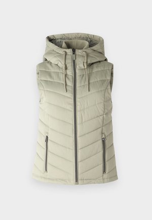 Gepolsterte ärmellose Weste in Hellgrün mit Kapuze, ausgestattet mit horizontalen Nähten, einem Reißverschluss vorne und zwei seitlichen Reißverschlusstaschen.