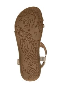 Brown rubber sandal sole with textured wave pattern and floral designs. Features a lightly cushioned footbed and adjustable strap.
