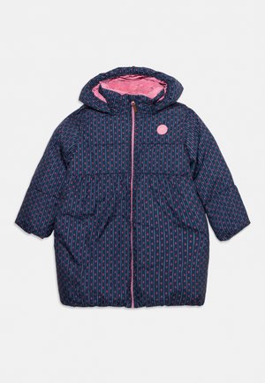 Doudoune enfant bleu marine à pois roses, capuche doublée en polaire rose et fermeture éclair devant.