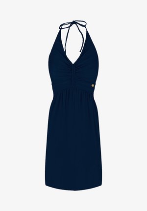 Robe halter bleu marine avec fronces sur le devant et un lien à nouer au cou. Offre une coupe décontractée et un petit détail doré près de la taille.