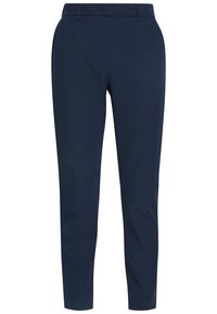 Marinblå slim-fit byxor med bälteshällor, framdragkedja och sidofickor, skräddarsydda för en ren, modern look.