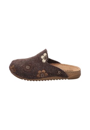 Brauner Slip-On-Hausschuh mit bestickten beigen und braunen Blumen und einer strukturierten Gummisohle für den Innenbereich.