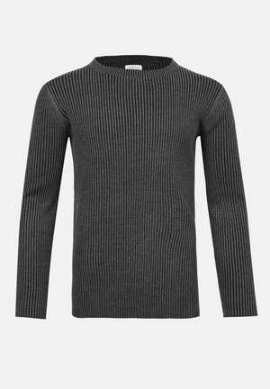 Pelēks ribots adīts džemperis ar garām piedurknēm, apaļu kakla izgriezumu un pieguļošu siluetu. Izgatavots no mīksta auduma ar vertikālām svītrām.