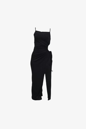 Schwarzes Kleid mit dünnen Trägern, gerafftem Seitenbereich und einem hohen Schlitz bis zum Oberschenkel. Hergestellt aus glattem Stoff, mit taillierter Silhouette.