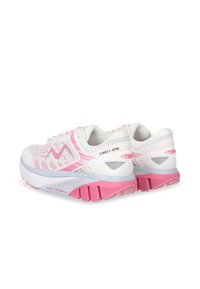 Pink and white athletic shoes with mesh upper, textured leather accents, cushioned sole, and pivot point detailing on the outsole.