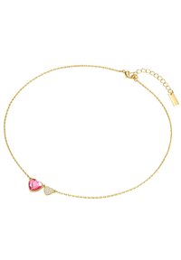 Guldhalsband med två hjärtan: ett rosa fasetterat och ett annat prytt med klara kristaller, med en justerbar lås.