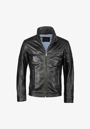 Schwarze Lederjacke mit Stehkragen, Reißverschluss und zwei seitlichen Taschen. Verfügt über eine kleine Brusttasche und eine glatte Textur.