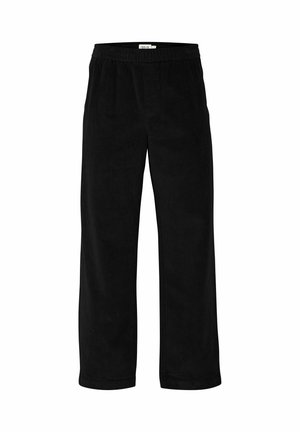 Pantalones de pana negra con una cintura elástica, diseño de pierna ancha y tejido suavemente texturizado. Sin cierres visibles ni bolsillos.