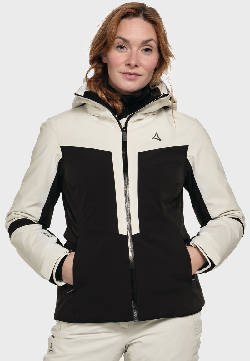 Leichte, wasserabweisende Jacke in Creme und Schwarz, mit durchgehendem Reißverschluss, verstellbarem Kapuzenverschluss und zwei Fronttaschen.