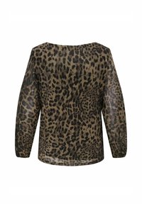 Blusa con stampa leopardata caratterizzata da un scollo rotondo, maniche lunghe e un tessuto leggero e trasparente nei toni di marrone e nero.