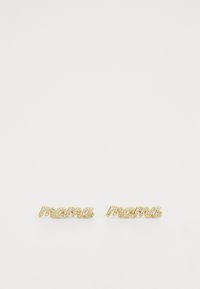 Korvakorut kultasävyllä, joissa on kaareva "mama" -muotoilu, koristeltuna pienillä kirkkailla kristalleilla. Sujuva pinta ja vankka muoto.