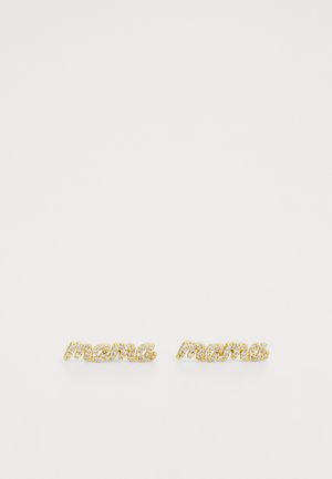 Gold-tone earrings with cursive "mama" design, embellished with small clear crystals. Smooth texture and solid shape.