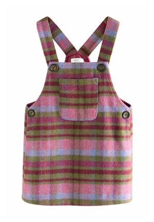 Rosa und grün karierter Stoffoverall mit Knopfträgern, quadranter Fronttasche und weichem, strukturiertem Material.