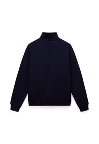 M�ørkeblå sweatshirt med høy krage, lange ermer og ribbestrikkede mansjetter og kant. Jevn tekstur og enkelt design, uten mønstre eller detaljer.