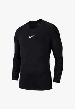 Schwarz langärmliges Sportshirt aus dehnbarem Material. Verfügt über eine schlanke Passform, einen runden Ausschnitt und ein weißes Nike-Logo auf der Brust.