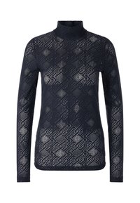 Navyblaues Langarmoberteil mit hohem Kragen, aus Spitze gefertigt, mit geometrischem Muster und strukturiertem Finish. Weicher, transparenter Stoff.