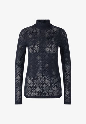Navy long-sleeve top with a high neck, made of lace, featuring a geometric pattern and textured finish. Soft, sheer fabric.