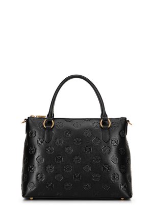 Borsa a tracolla in pelle nera con motivo monogrammato in rilievo, manici superiori doppi, dettagli in ottone dorato e chiusura con zip nella parte superiore.