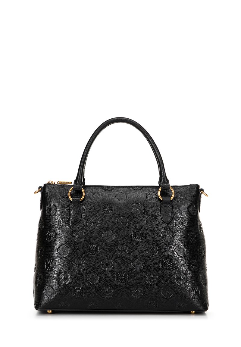Zwarte leren handtas met reliëf monogram patroon, dubbele bovenhandvatten, gouden hardware accenten en een ritsluiting aan de bovenkant.