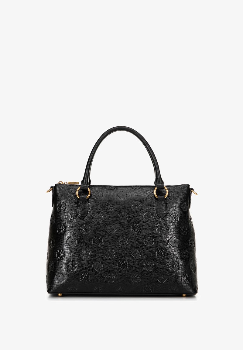 Zwarte leren handtas met reliëf monogram patroon, dubbele bovenhandvatten, gouden hardware accenten en een ritsluiting aan de bovenkant.