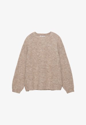 Beige gebreide trui met een ronde hals, lange mouwen en een losse pasvorm. De textuur lijkt zacht en comfortabel, met een subtiel gemêleerd patroon.