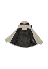 Beige buitenjas met een zwarte mesh binnenkant, voorzien van een capuchon en een verstelbaar trekkoord aan de zoom. Inclusief verzorgingslabel.