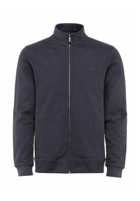 Granatowy sweatshirt na zamek z miękkiego materiału. Posiada wysoki kołnierz, boczne kieszenie oraz subtelny logo na piersi.