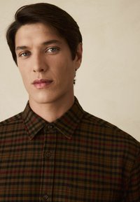 Camicia a quadri marrone con quadrati verde scuro e bordeaux. Stile con bottoni, colletto appuntito e tessuto morbido. Nessun motivo o accento distintivo.