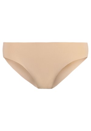 Cueca de bikini simples em bege, com uma textura suave e cobertura média. Apresenta bordas sem costura e um design clássico e minimalista.