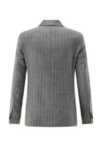 Grauer Nadelstreifen-Blazer mit einreihigem Schnitt, fallenden Revers und geknöpften Manschetten. Hergestellt aus strukturiertem Wollstoff.