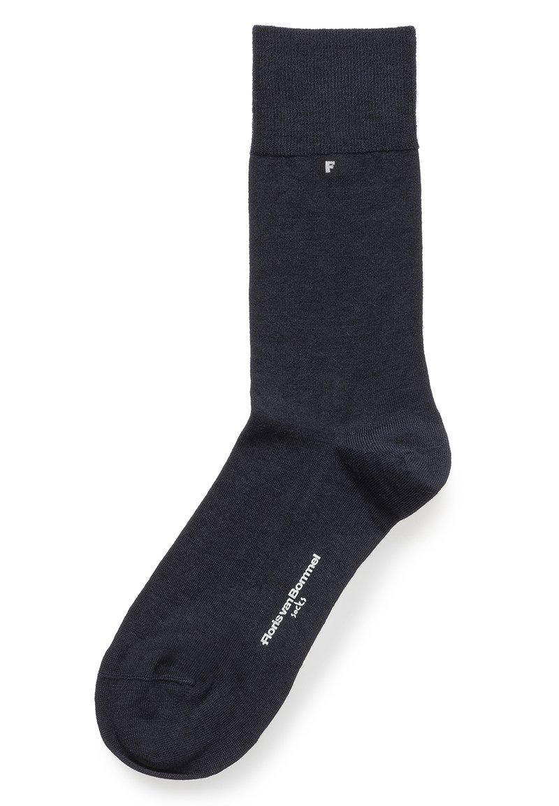 Dunkelblauer Socke mit geripptem Bund, glatter Textur und verstärkter Zehenpartie. Weißes Logo seitlich aufgedruckt. Standarddesign für Anz socks.