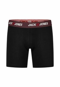 Zwarte katoenen boxershort met een kastanjebruine elastische tailleband met de merknaam "JACK & JONES" in witte letters.