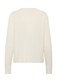 Gestrickter cremefarbener Pullover mit lockerem Schnitt, gerippten Bündchen und Saum. Verfügt über einen Rundhalsausschnitt und eine einfache, strukturierte Oberfläche.