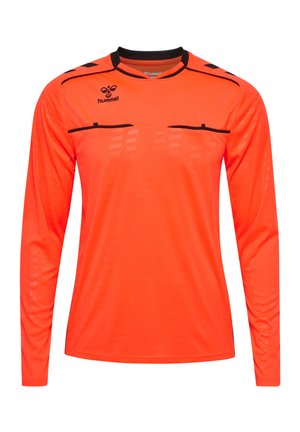 Langärmliges Sporttrikot in leuchtendem Orange, aus leichtem Material, mit schwarzen Akzenten, Rundhalsausschnitt und strukturierten Mustern auf dem Stoff.