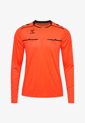 Langärmelig sportshirt in fel oranje, gemaakt van lichtgewicht materiaal, met zwarte accenten, een ronde hals en textuurpatronen op de stof.