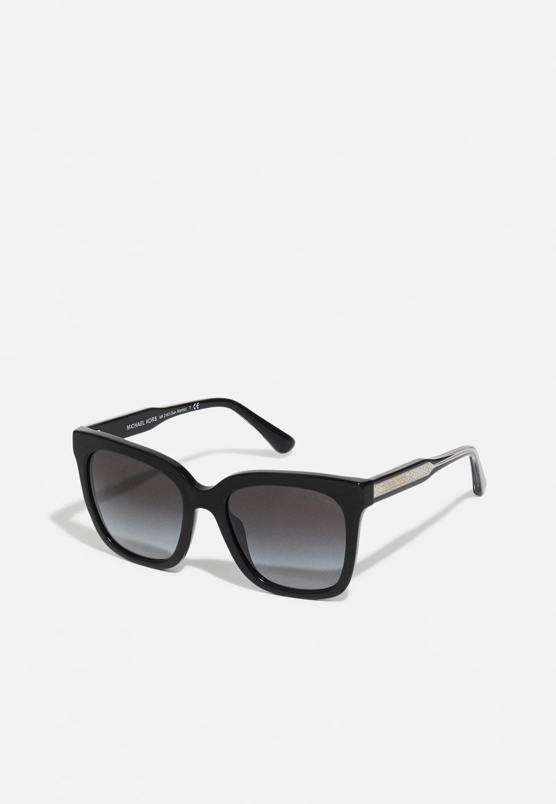 Black square sunglasses with gradient dark lenses. Side accents feature a metallic design. Made from plastic with a glossy finish.