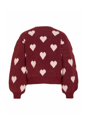 Bordo džemper s krojenim dizajnom, ukrašen uzorcima svijetloružičastih srca. Mekana tekstura i široki, napuhani rukavi poboljšavaju izgled.