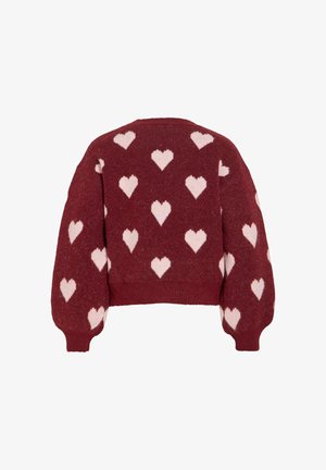Bordeauxrode trui met een cropped design, voorzien van lichtroze hartpatronen. Zachte textuur en brede, opgeblazen mouwen versterken de uitstraling.