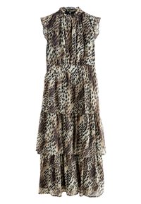 Tiered dress in beige and brown with a leopard print. Features ruffled shoulders and a high neckline. Made from lightweight, flowing fabric.